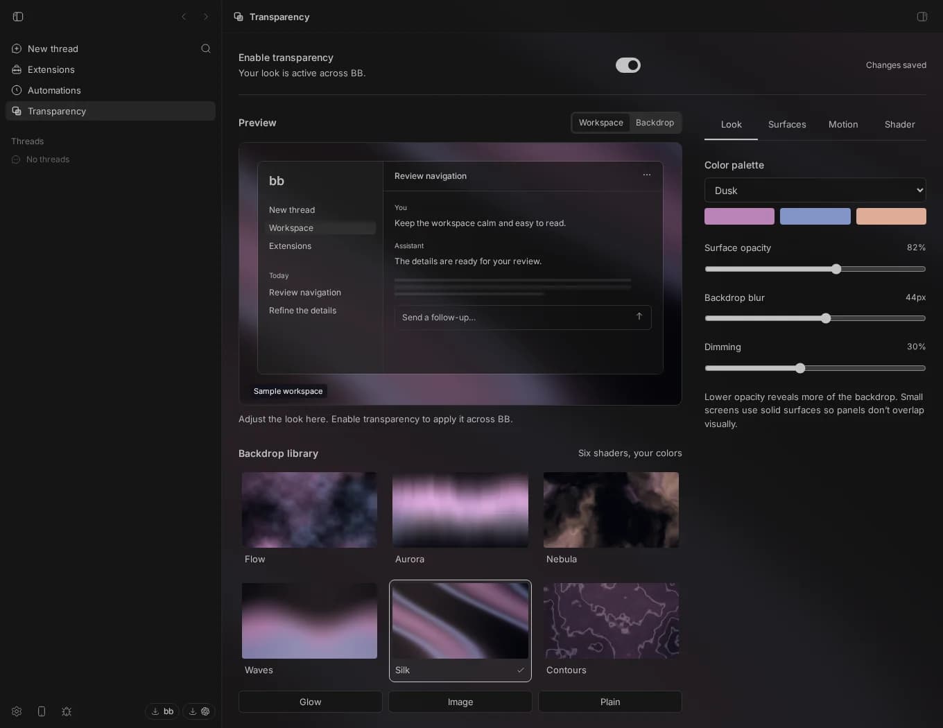 Transparency's shader studio inside bb, a translucent workspace over an animated backdrop