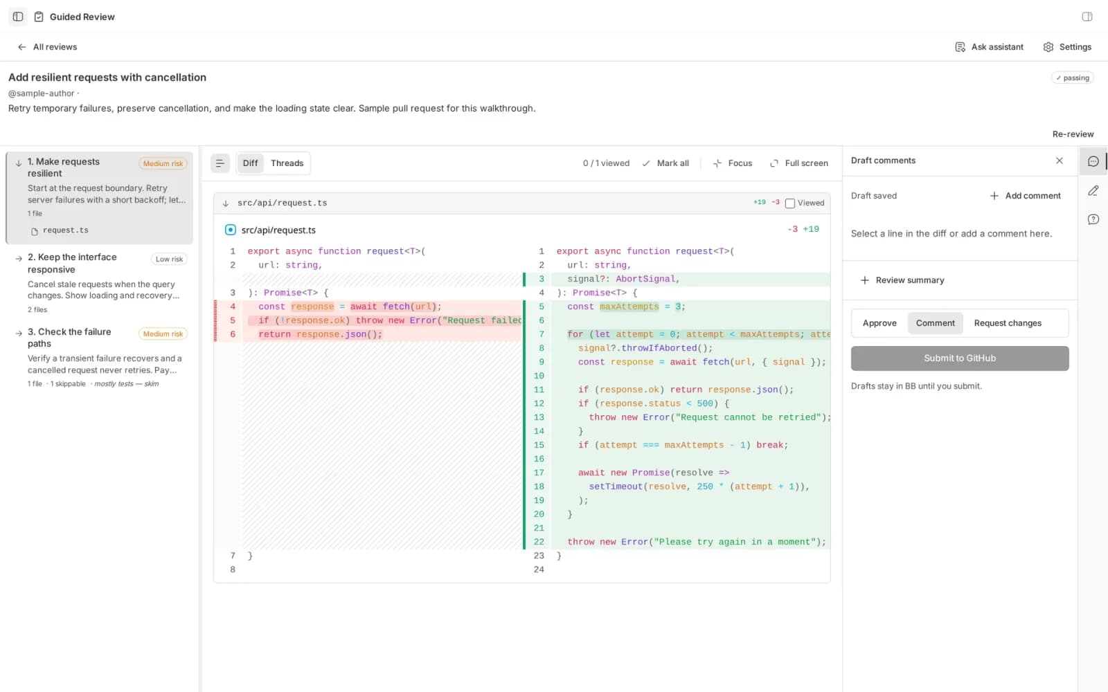 Guided Review inside bb, a chapter list on the left and a syntax-highlighted diff on the right