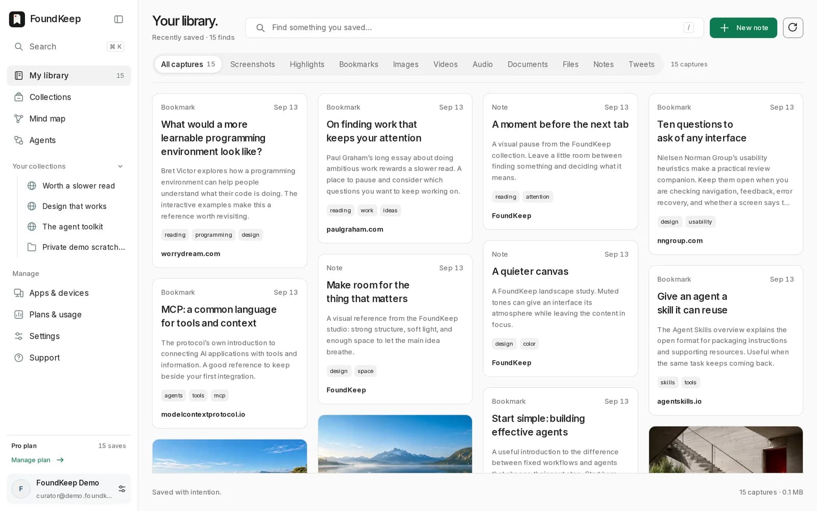 The FoundKeep library: sidebar with collections, mind map and agents, and a masonry of saved bookmarks and notes with tags