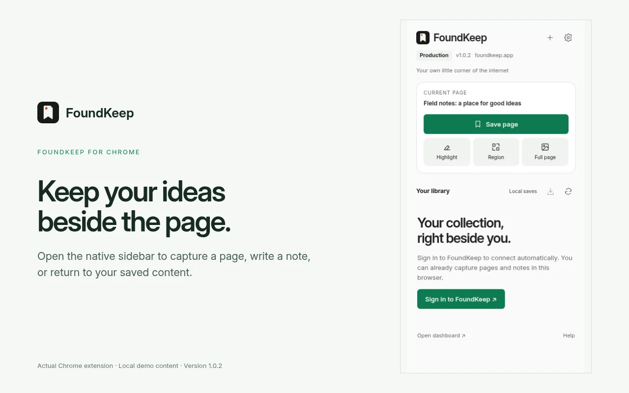 The Chrome extension's sidebar: the current page with Save page, Highlight, Region and Full page actions above your library