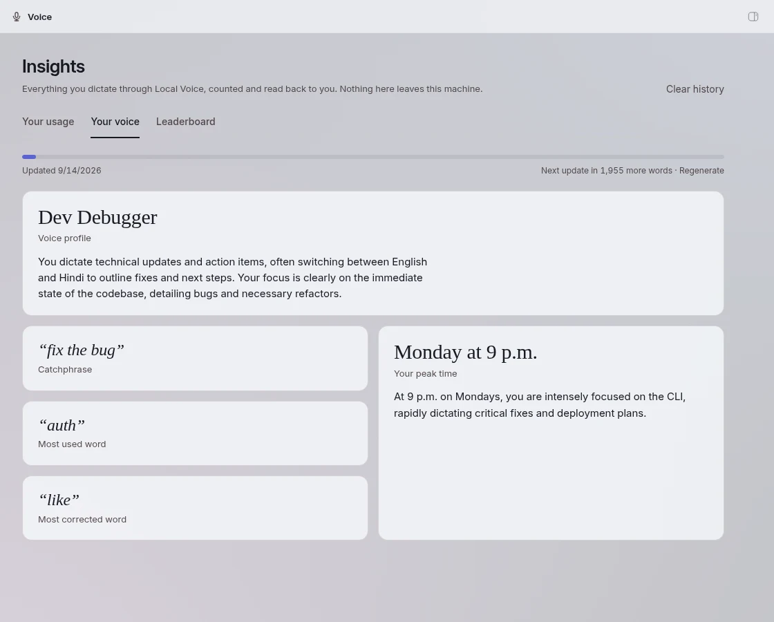 Local Voice: the dictation panel with recent transcripts and fixes
