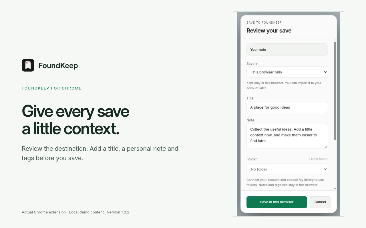 Review your save: destination, title, a personal note, folder and tags before it is stored