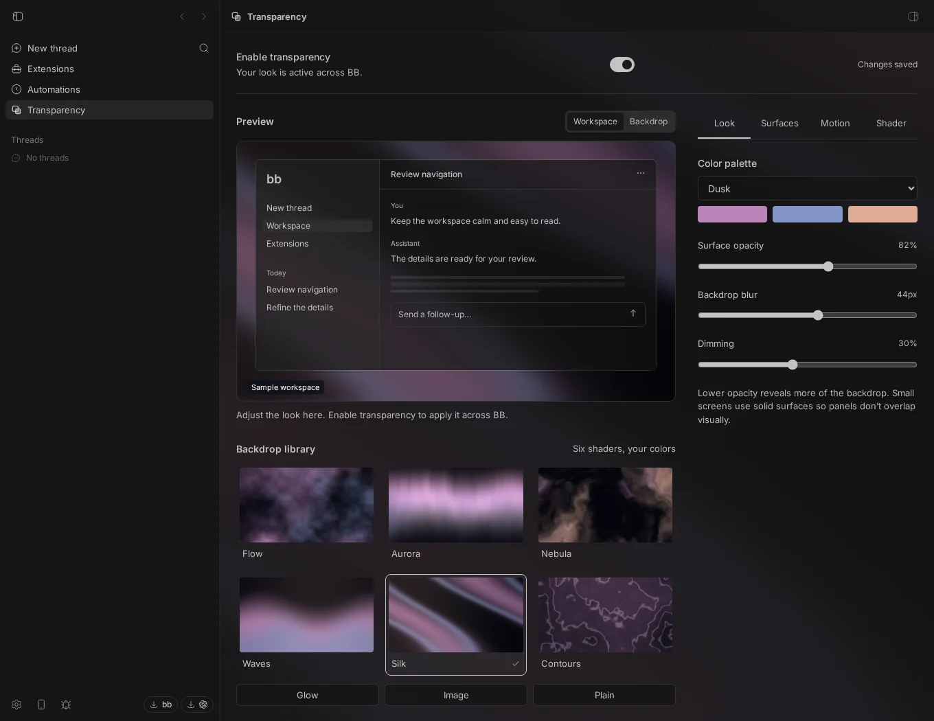 Transparency's studio: backdrop presets, opacity, blur and motion controls