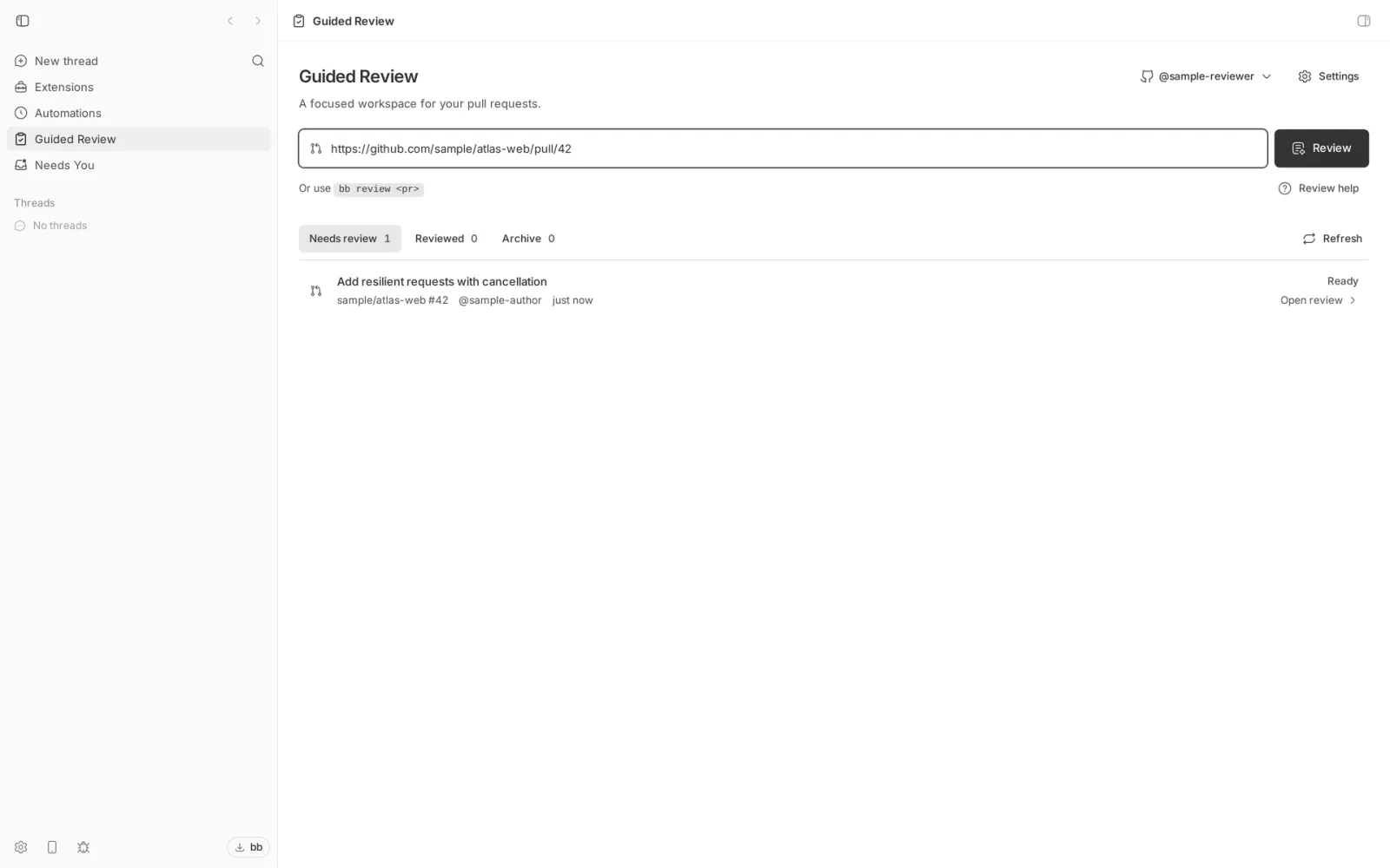 The start screen: paste a pull request URL or a branch and a base