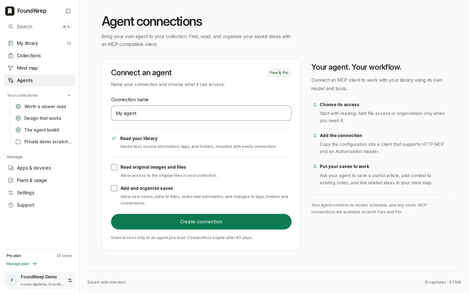 Agent connections: name a connection, tick what it may do, and see who is connected