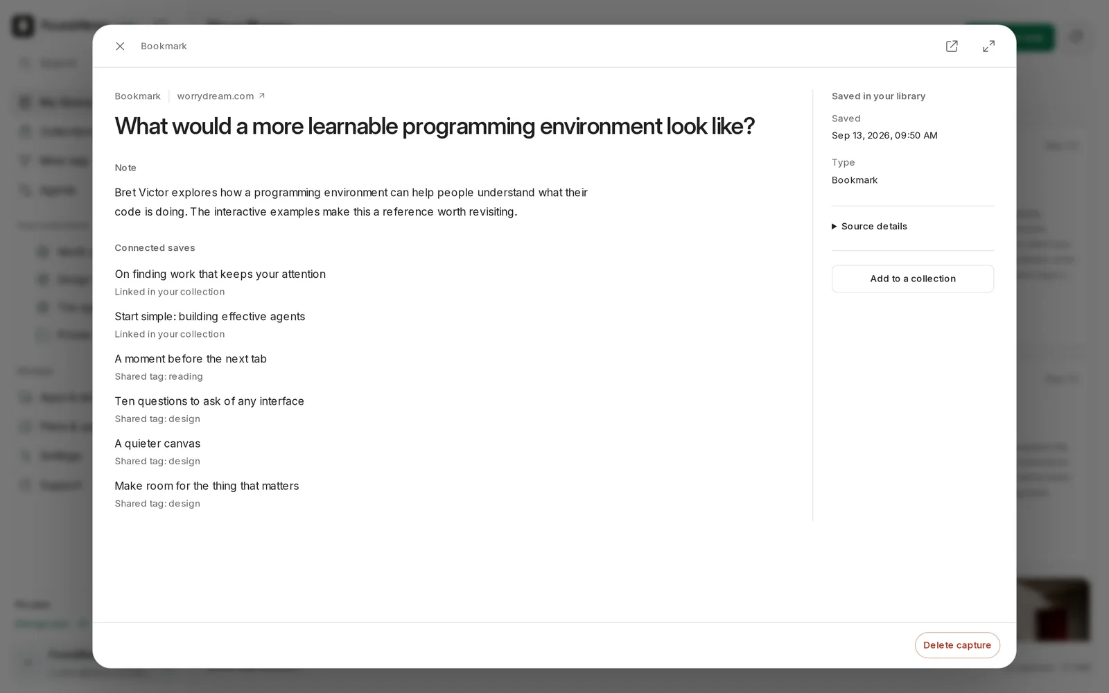 A saved bookmark opened over the library: title, source, your note, and the connected saves