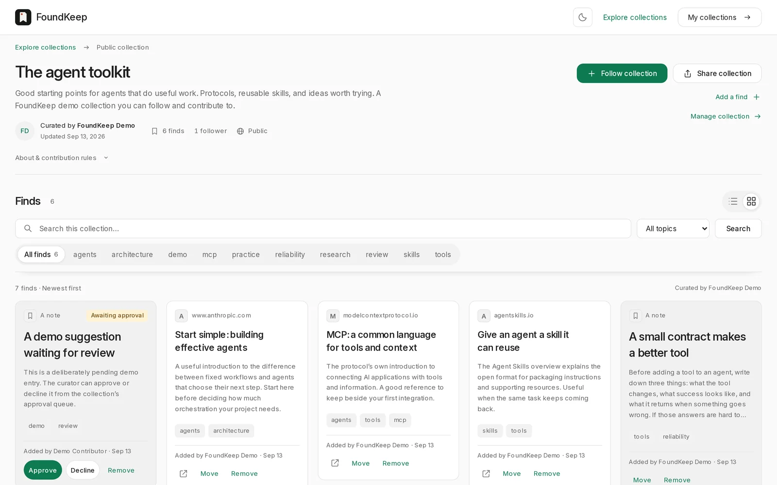A public collection page with a pending suggestion waiting for the curator's approval