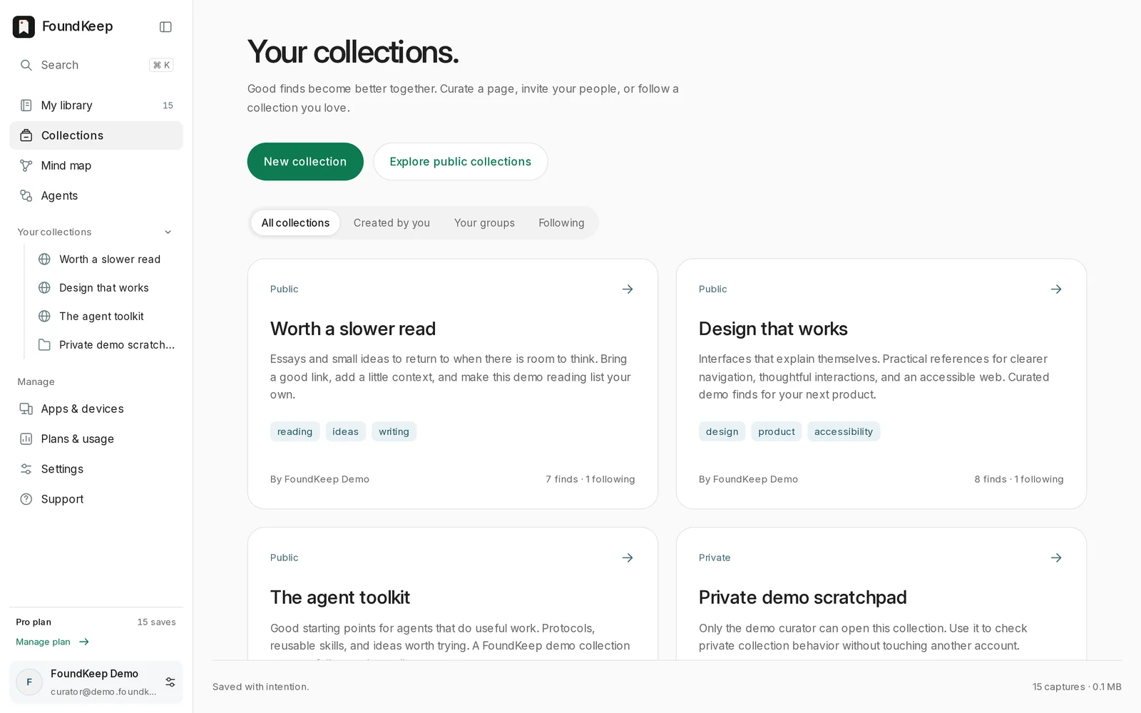 Your collections: three public ones and a private scratchpad, each with tags and follower counts