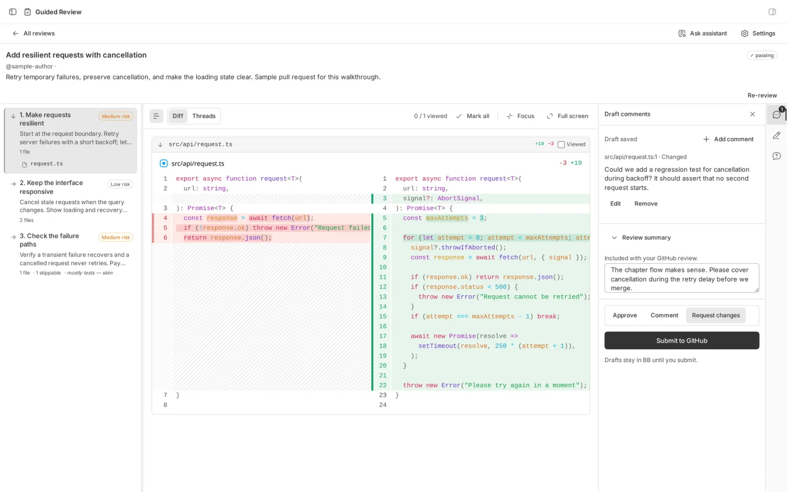 A draft review with inline comments and a summary, ready to submit