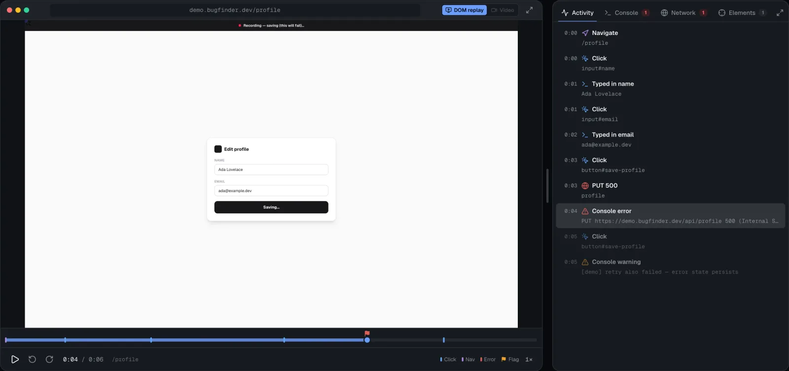 The dashboard: replay on the left, activity timeline on the right with a failed request and a console error